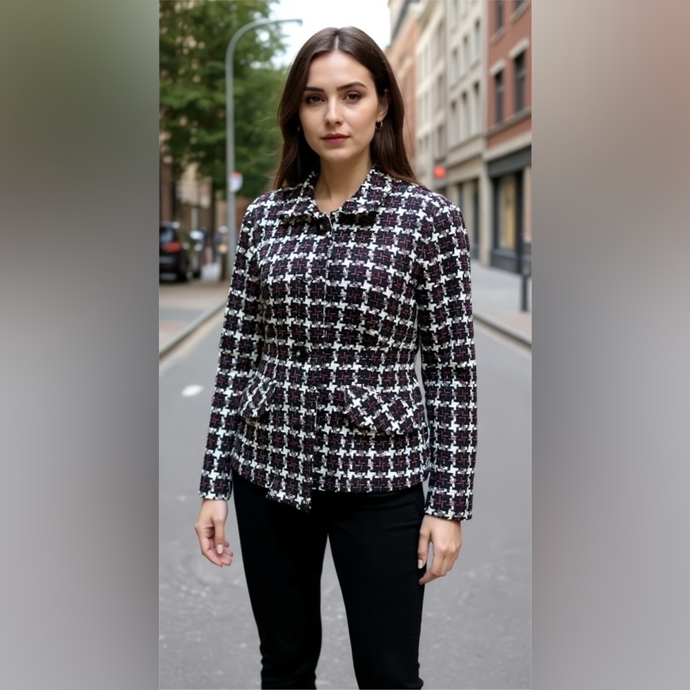 Vintage Dressbarn Red, White & Black Checkered Tweed Blazer